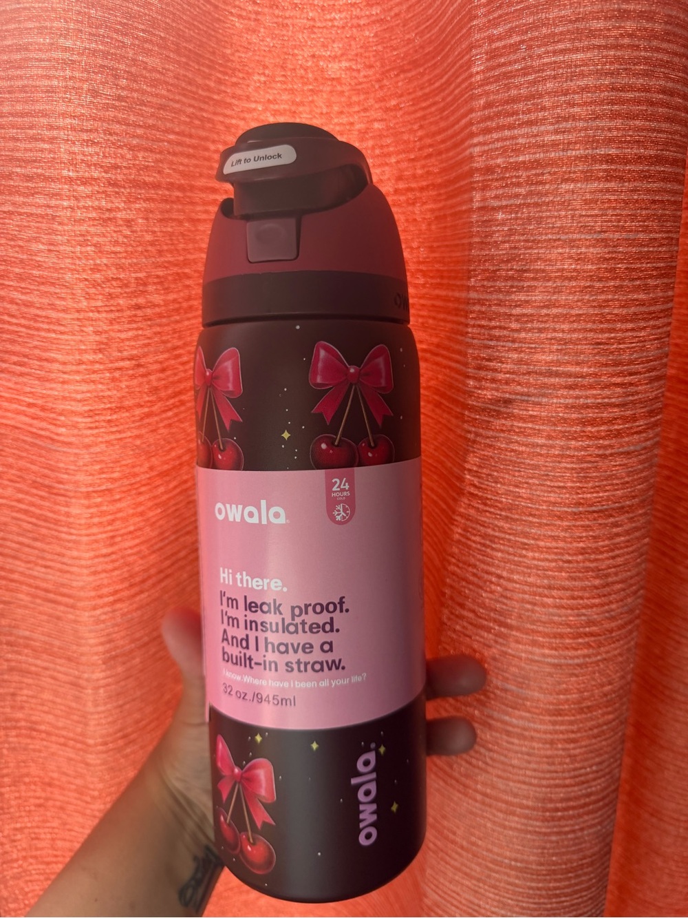Matte Black & Cherry Insulated Water Bottle with Built-In Straw